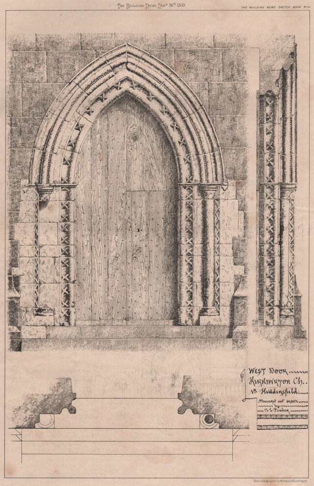 West door, Kirkburton Ch., Nr. Huddersfield. Yorkshire 1869 old antique print